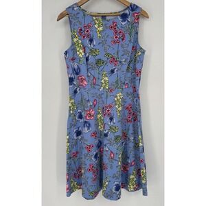 Talbots Women's Blue Floral Sleeveless Fit & Flare Dress Size 10 Cotton Blend